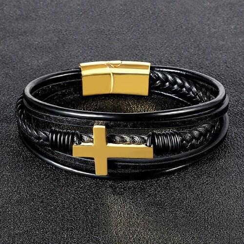 Luxury Multi-layer Cross Wrap Bangles Punk Stainless Steel Black Leather Bracelet Handsome Mens Christmas Gifts