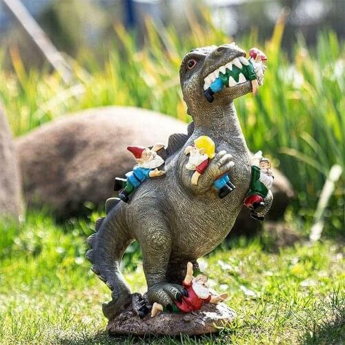 Dinosaur Eating Gnomes Garden Statue Funny Resin Outdoor Garden Decor Cartoon Small Sculptures For Lawn Garden Decor
