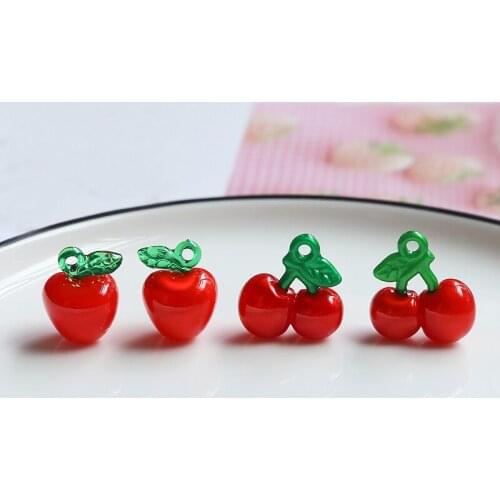 10pcs ins wind green leaf fruit earing for woemn 2020 trend Resin red cherry apple resin pendant jewelry necklace accessories