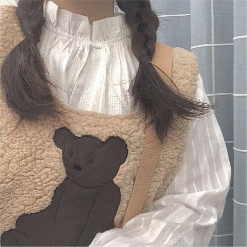Cute Furry Bear Cashmere Vest Womens Sleeveless Sweater Warm Tops Sweet Vintage Style Chocolate Khaki Color