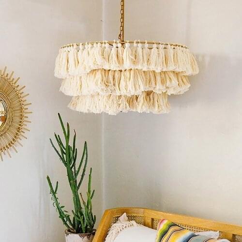 Modern boho chandelier designer decorative Cotton tassel art chandelier chain Pendent E27 living room kitchen island lighting
