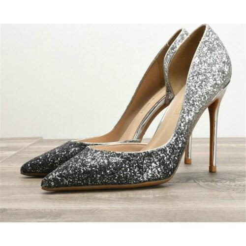 Luxury Star Models Pumps Gradient Color Wedding Shoes Sequins Pointed Thin Heel Side Empty High Heels Banquet Womens Pumps