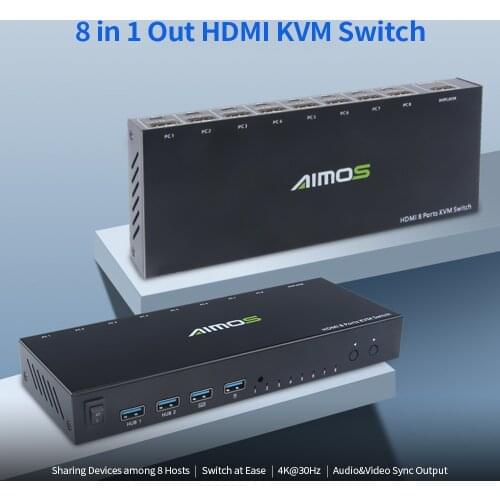 AIMOS 8 in 1 Out KVM Switch Sharing Monitor/Keyboard/Mouse/Printer among 8 Hosts/ 4K@30Hz/Audio&Video Sync Output Black