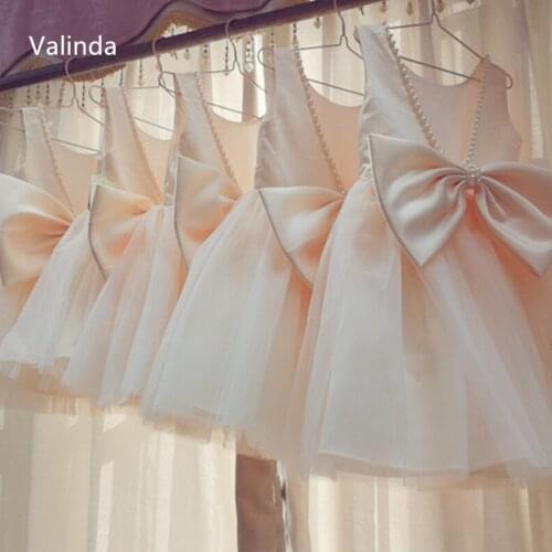 Pearled Neckline Baby Girl Dresses with Bow Children Clothing Kids