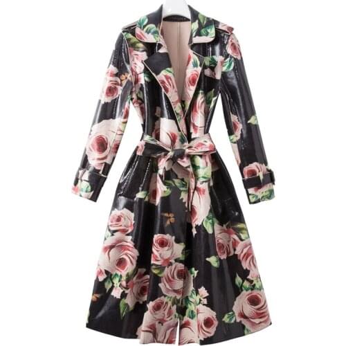 Autumn and winter new womens deerskin velvet fashion rose print large lapel long sleeve lace up windbreaker coat