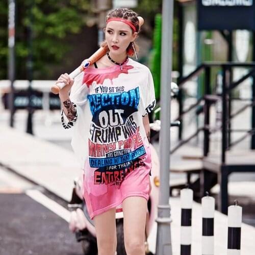 TREND-Setter 2018 Summer Streetwear Women T Shirt Loose Casual Letters Printing Mesh Pink Tops Harakuju