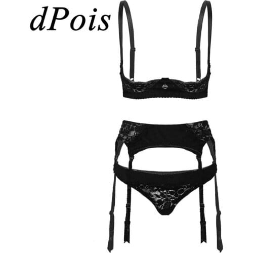 Womens Spaghetti Straps Underwired 1/4 Open Lace Cups Bra Top + Thong Briefs Underwear with Garter Belt Lace Trim Lingerie Set