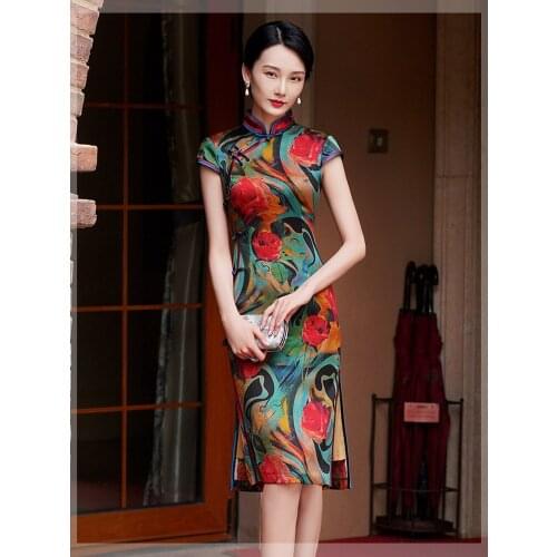 RealSilk Retro Cheongsam Summer New QiPao High-End Custom Cheongsams DressTraditional HighSlit SlimEnd Female Oriental Dress