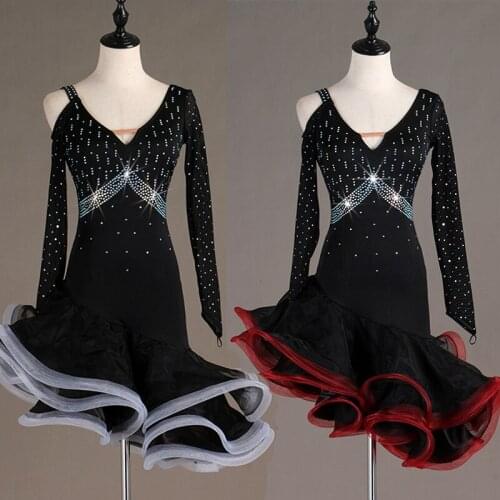 Latin Dance Dresses For Women Black Lace V Collar Long Sleeve Dress Modern Professional Stage Competitive Red Dance Dress VDB129