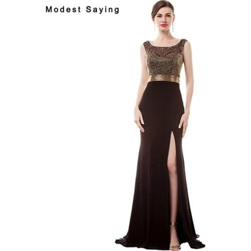Luxury Sexy High Split See Through Gold and Black Mermaid Beaded Evening Dresses 2017 Women Night Party Prom Gown robe de soiree