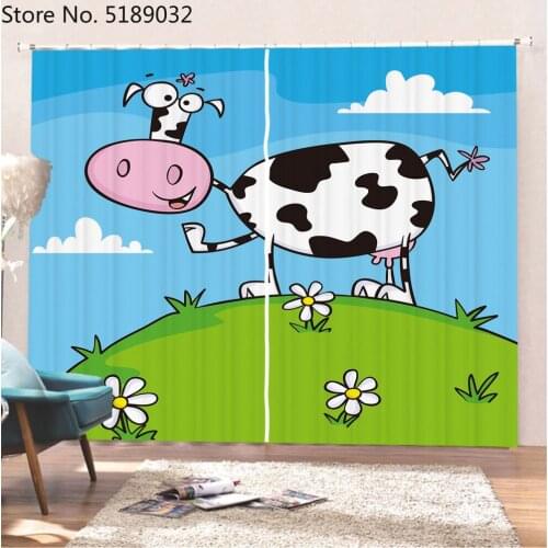 2 Panels Cow Window Curtain 3D Polyester Black-out Curtain for Bedroom Living Room Kitchen Kids Bedroom Cartoon Decor Curtain