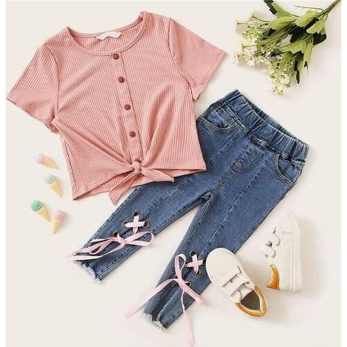 Toddler Kids Baby Girl 2PCS Solid Knitted Long Sleeve Shirt Top+ Denim Pants Outfits Clothes Autumn Winter New Fashion