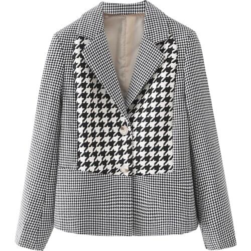 2021 autumn Women Plaid Blazer Long Sleeve grid Coat Button-up jacket Female Outerwear Chic Patchwork Houndstooth Suits Femme