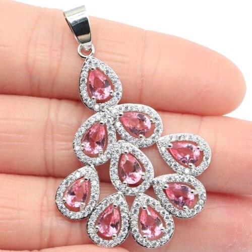 48x31mm Elegant Created Pink Morganite Red Blood Ruby White CZ For Womans Bride Fine Jewelry Silver Pendant