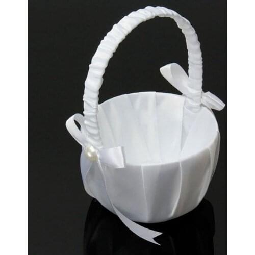 50% Hot Sales! Romantic White Satin Bowknot Pearl Flower Girl Basket Wedding Party Decoration