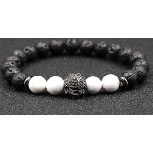 8mm mhf3 skull cz zircon cubic zirconia elastic adjusted black volcanic lava Bracelet Stone bead white Howlite gift