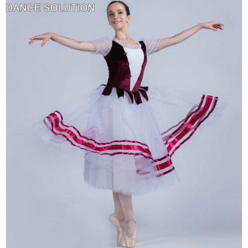 Burgundy Velvet Bodice Long Romantic Tulle Skirt Ballet Dancing Dress Woman & Girl Dancewear Ballerina Performance Costume 20016