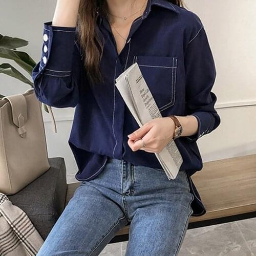 Women Vintage Blouse Autumn Shirt Long Sleeve Button Pocket Solid Color Casual Retro Female Blouses Fall Clothes Dropshipping