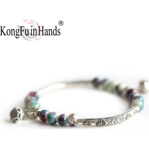 Ceramic Beaded Bracelet Lotus Flower Pendant with Elastic Rope Vintage Folk-custom Style Bracelets For Friends Family Teacher