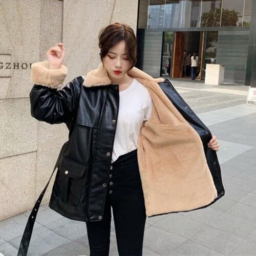 Black Leather Jacket Winter Coats Women Thickness Faux Leather Plus Velvet Fur Female Biker Fur Leather Jackets Aviator Outwear
