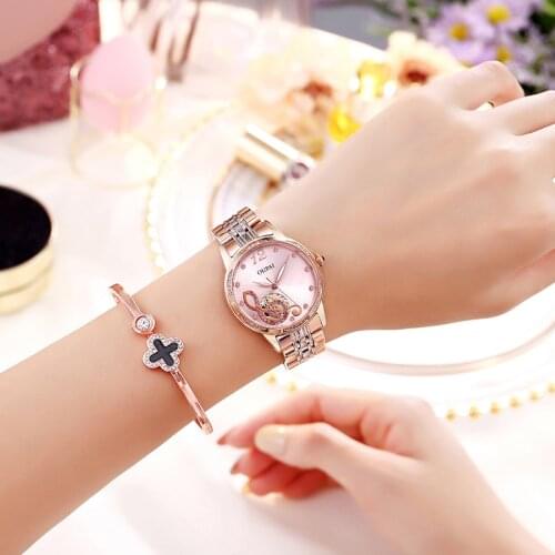 OUPAI 2020 New arrival Baby Pink Music Watch Women Automatic Rose Golden Steels Strap Luxury Allow Automatic Movement Watch