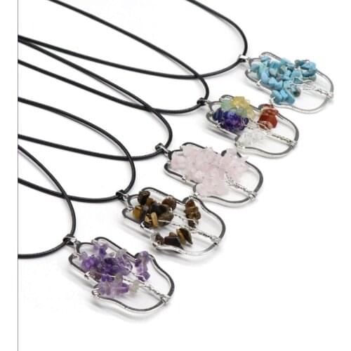 Ethnic Style Silver Plated Hand Shape Amethysts Stone Pendant Rope Chain Necklace Rock Crystal Jewelry