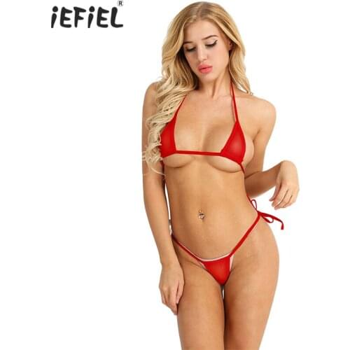 Women Sexy Micro Thongs and G strings Erotic Set Lingerie Set Halter Top Bra with G-string Underwear See-through Bikini Swimsuit