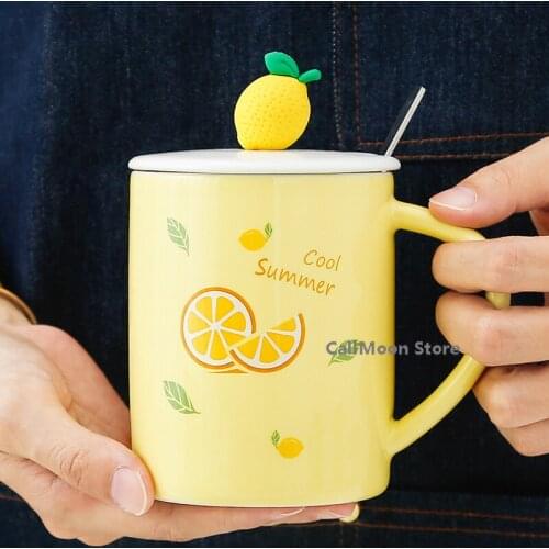 Mug with Lid Spoon 401-500ml Cute Kawaii Fruit Cup Ins Ceramic Cup Student Korean Style Cartoon Milk Water Coffe Tea Cup Home