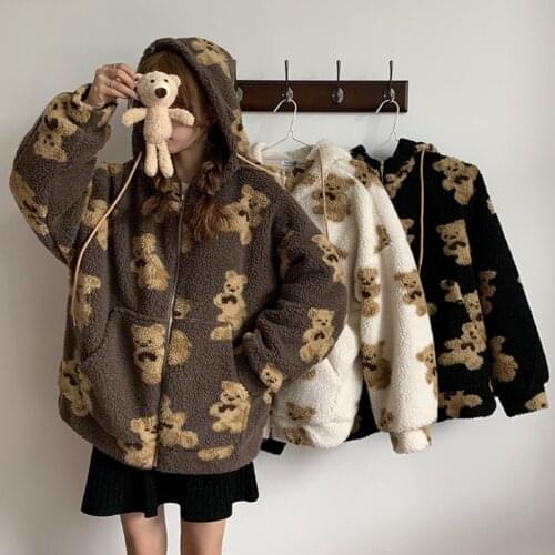 KLV New Women Winter Fuzzy Plush Hoodie Jacket Cartoon Bear Print Oversized Loose Coat Harajuku Warm Zip Up Sweatshirt Outwear