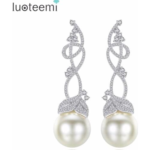 LUOTEEMI Big Long Flowers Imitation Pearls Luxury Famous Brand Boucles d'oreille Earrings For Women Anti-Allergy Fancy Jewelry
