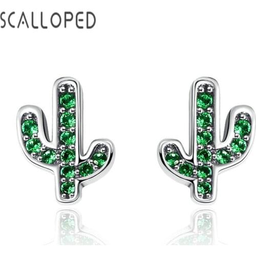 SCALLOPED Cute Mini Green Cactus Stud Earrings For Girls Boutique Cubic Zirconia Women Statement Jewelry Best Friend Gift