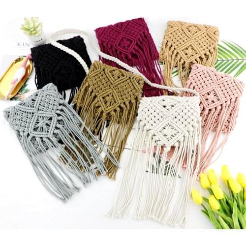 Fashion Casual Beach Straw Bag Small Fringe Tassel Handmade Woven Cotton Shoulder Crossbody Bags Women Travel Hollow Out Handbag