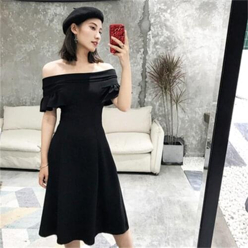 Fashion dress female French new high quality original design sense temperament word shoulder strap retro black dress women