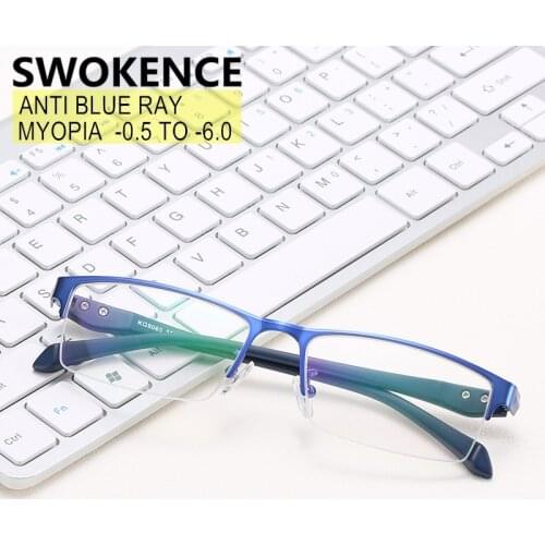 SWOKENCE Against Blue Ray Myopia Glasses Prescription -0.5 to -10 Women Men Half Frame Neartsighted Distance Spectacles F075