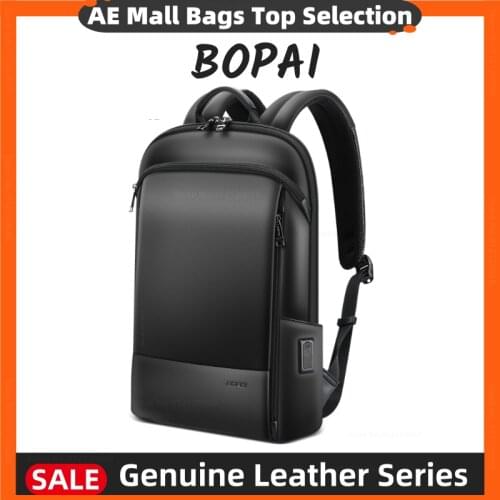 BOPAI Genuine Leather Backpack Men 100% Natural cowhide Business Travel Bag Slim Laptop USB Charging Anti-Theft Backpack School
