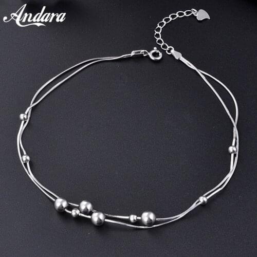 New 2019 Real 925 Sterling Silver Round Bead Chain Anklet Women Double Love Anklets Fine Jewelry