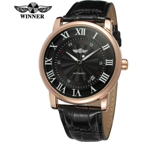 NEWEST! WINNER WRG8051M3R8 men automatic watch with rose gold color case black dial white roman numbers black leather strap