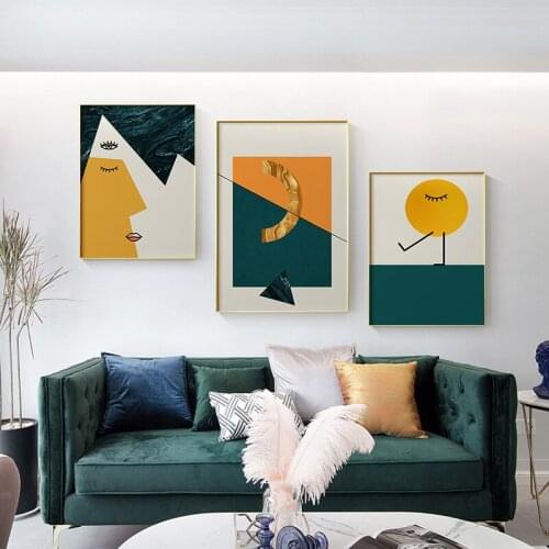 Posters and Print Minimalist Abstract Half Awake Canvas Painting Yellow Green Wall Art Pictures For Living Room Bedroom Aisle