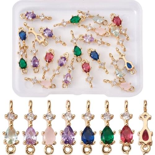 28 Pcs 7 Colors Brass Micro Pave Cubic Zirconia Links Connectors with Glass Long-Lasting Plated, Light Gold Teardrop