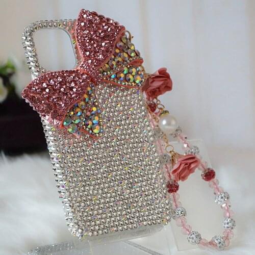 Handmade Diamond Encrusted Pink Big Bow Mobile Phone Case for IPhone11 12pro Max 8 7plus Xs6 XR All Inclusive Protective Cover