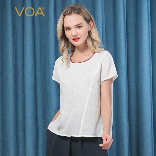 Voa Silk 22mm Ivory White Jacquard Shoulder Short Sleeved Round Neck Simple Classic T-shirt B63 T Shirt Women Befree Tshirt
