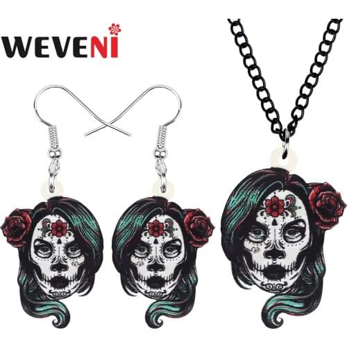 WEVENI Acrylic Halloween Flower Female Skull Jewelry Sets Aesthetic Earrings Necklace For Women Friends Kid Party Gift Accessory