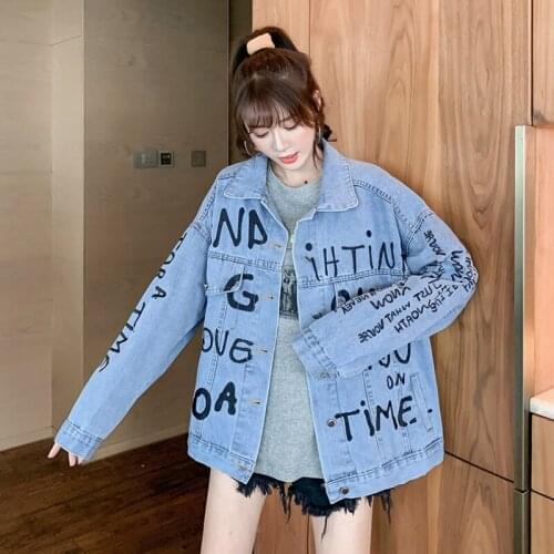 Women Letter Embroidery Denim Jacket Coat Ladies Harajuku Single-Breasted Loose Jacket Outerwear