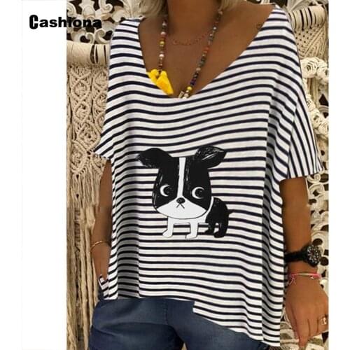 Women Elegant Leisure Casual T-shirt Model Stripe Dog Print V-neck Loose Womens Top 2021 Summer Batwing Sleeve Tees shirt Femme