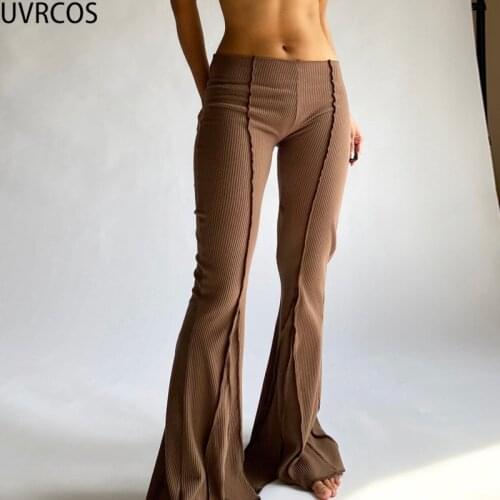 UVRCOS Summer Clothes For Women 2021 New Vogue Solid Hot Streetwear Stretch Flare Pants High Waist Ribbed Bodycon Y2k Long Pants