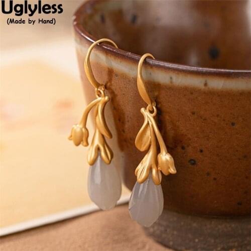 Uglyless Elegant Magnolia Blossoms Earrings for Women Romantic Floral Jewelry 100% Real 925 Silver Earrings Natural Jade Brincos