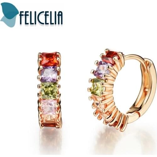 Felicelia Elegant Women Girls Rose Gold Color Earrings With Multicolor Rhinestone CZ Small Hoop Earrings Accessories Jewelry