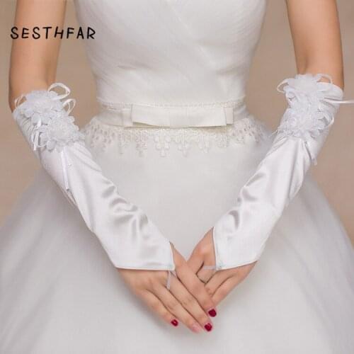 Woman Wedding Gloves Fingerless For Bride Elbow Length Long bow Appliqued Beaded Bridal Party Accessories
