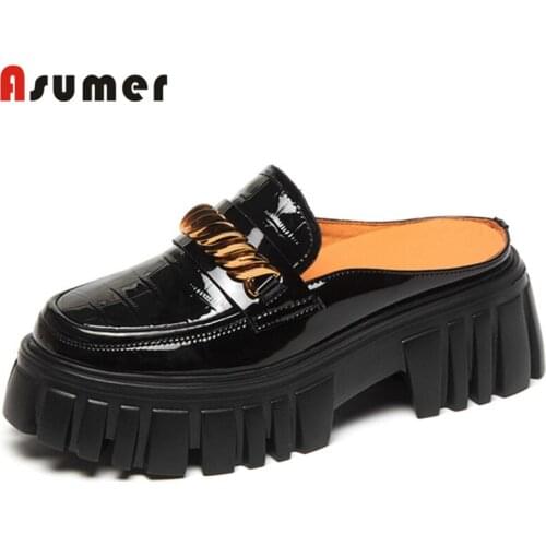 Asumer 2021 Newest Patent Leather Casual Platform Shoes Women Slipper Metal Decoration Chain Fashion Cool Summer Slipper Woman