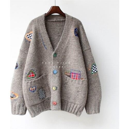 2020 Winter Women V neck Sweater Cardigans Loose Korean Style Patchwork Stitch Chic Long Cardigans ropa mujer Sweater Coat